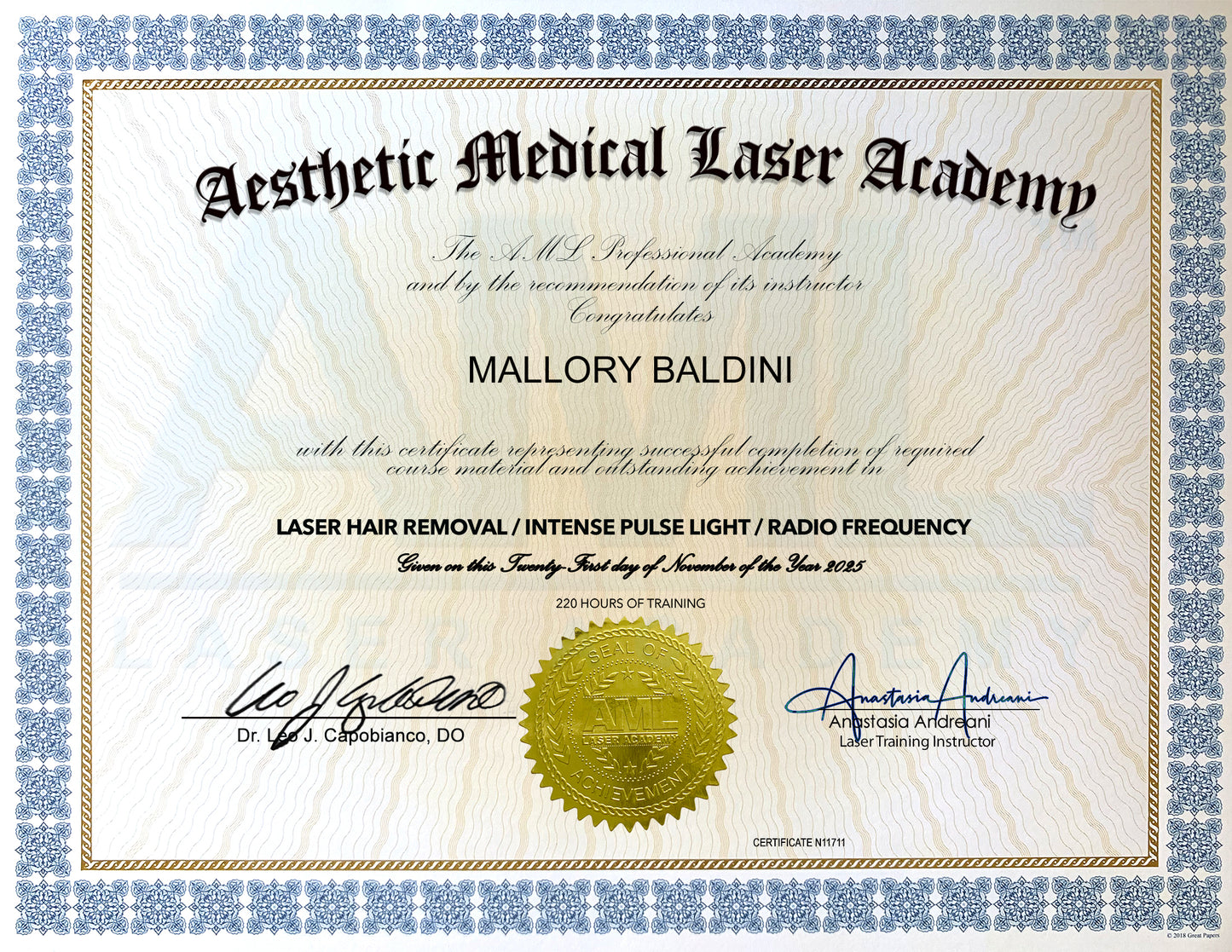 Original Certification AML Laser Academy